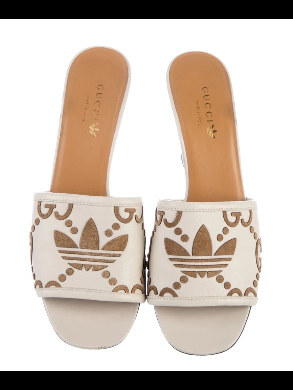 Gucci Cream Leather Slide Mules with Brown Logo Appliqué